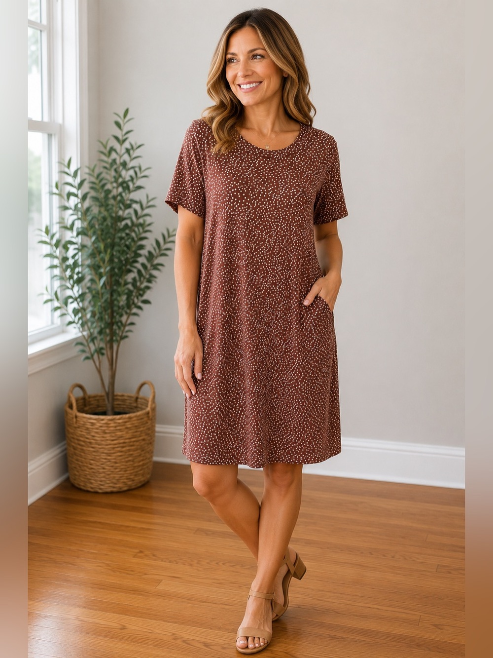 J. Jill Wearever Collection Large Brown Dot Knit Shift Dress Short Sleeve